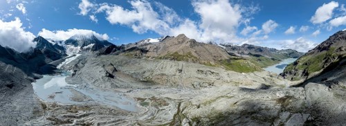 Aerial view, Alpine panorama, mountain landscape with glacier Glacier de Cheilon and summit Mont