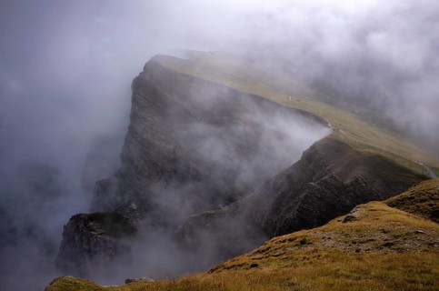 Odle, Puez-Odle nature Park, morning mist, Seceda, Val Gardena, Trentino, South Tyrol, Italy,