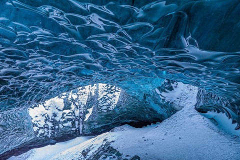 Aquamarine ice combs in Pröng Ice Cave, Sudurland, Iceland, Europe
