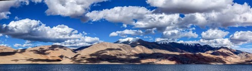 Panorama of Himalayan lake Tso Moriri in Himalayas on sunset, Korzok, Ladakh, India, Asia