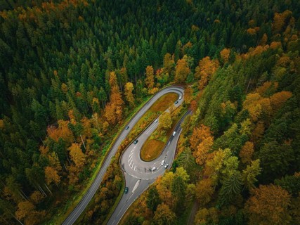 S-bend in the deep autumn forest, Hirsau, Calw, Black Forest, Germany, Europe