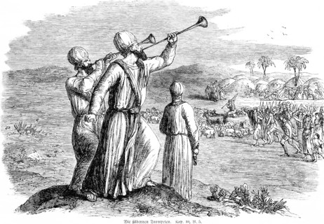 The silver trumpets, crowd, departure, animals, palm trees, landscape, mountains, Old Testament,