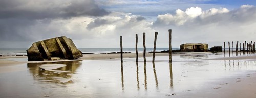 World War II concrete blockhouses on beach at Wissant, Nord-Pas de Calais, France, Europe