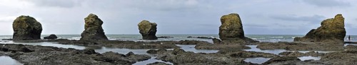Sea stacks at the Plage des Cinq Pineaux at Saint-Hilaire-de-Riez, La Vendée, Pays de la Loire,