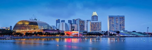 Panorama of Singapore skyline at Marina Bay in the evening