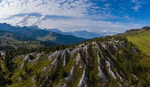 Aerial view of the gypsum pyramids at Col de la Croix, Canton Vaud, Switzerland, Europe