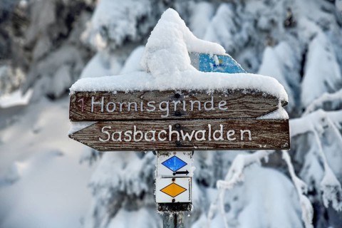 Snowy signpost near the Hornisgrinde, near Sasbach, Ortenaukreis, Black Forest, Baden-Württemberg,