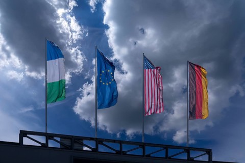 Woken sky with waving flags Rhineland-Palatinate, Germany, Europe