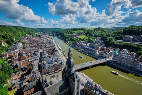 Aerial view of Dinant town, Collegiate Church of Notre Dame de Dinant, River Meuse and Pont Charles