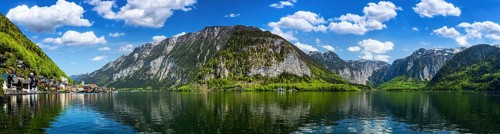 Austrian tourist destination, panorama of Hallstatt village and Hallstatter See mountain lake in
