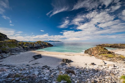 Sandy beach beach and rocky coast, near Bleik, Andoya Island, Vesterålen, Northern Norway, Norway,