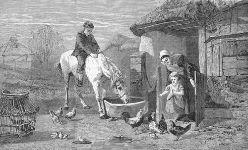 The Farm Gate, Farmer's wife with two children and many animals on a farm, 1869, France, Historic,