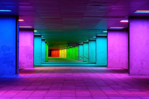 ROTTERDAM, NETHERLANDS, MAY 11, 2017: Colorful mulitcolored illuminated gallery tunnel rainbow