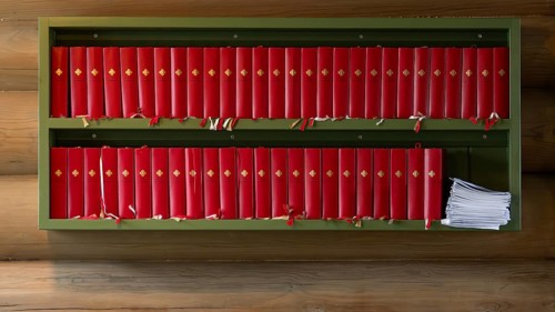 Rule with red hymn books, wooden church, Kvam, Upper Gudbrandsdalen, Norway, Europe