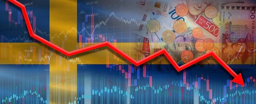 Sweden financial crisis on economic graph. Financial fall of Sweden on economy market