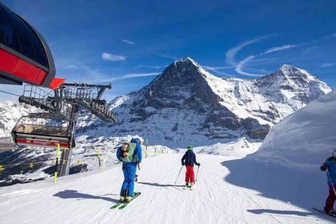 25 March 2024: Skiing against the backdrop of the north face of the Eiger in Grindelwald,
