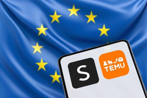 Temu and Shein app logo online marketplace from China with EU European Union flag online trade