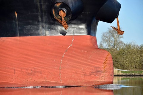 Bulbous bow and anchor of a freighter in the Kiel Canal, Kiel Canal, Schleswig-Holstein, Germany,