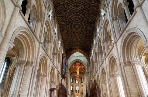 Interior of cathedral church, Peterborough, Cambridgeshire, England, UK looking up at ceiling and