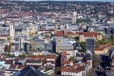 View of Stuttgart city centre. Charlottenplatz, Old Palace, Collegiate Church, Town Hall Tower.