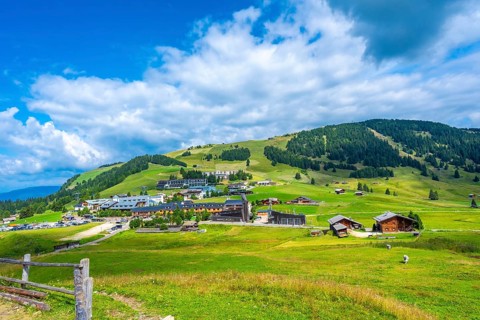 Compatsch, alpe di siusi, dolomites, italy, showing alpine meadow, hotels and chalets in summer