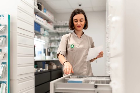 Frontal view of a young woman pharmacist working in storage room into the shop