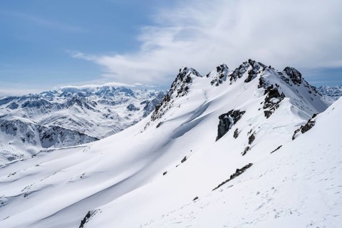 View of mountain panorama with mountain peaks of the Bernina group, mountain landscape in winter on