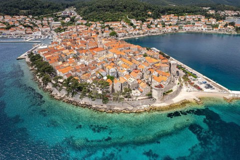 The old town centre of Korcula town seen from the air, Croatia, Europe