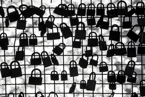 Padlocks, so-called love locks on a fence, vantage point in Wesel am Rhein, North Rhine-Westphalia,