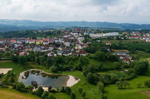 Drone image, bathing lake, Tragwein, Freistadt district, Mühlviertel, Upper Austria, Austria,