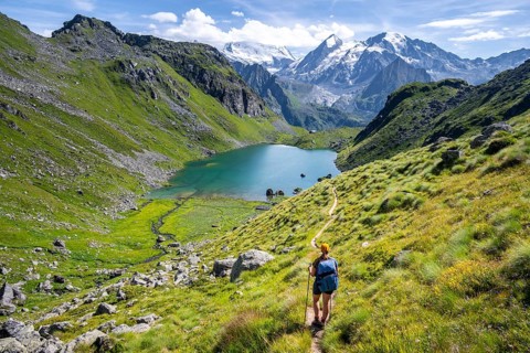 Hiker, mountain lake Lac de Louvie with glaciated summit of the Grand Combin, Val de Bagnes,