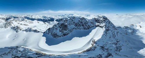 Alpine panorama, aerial view, mountain peak Piz Kesch and glacier Vadret da Porchabella, Albula