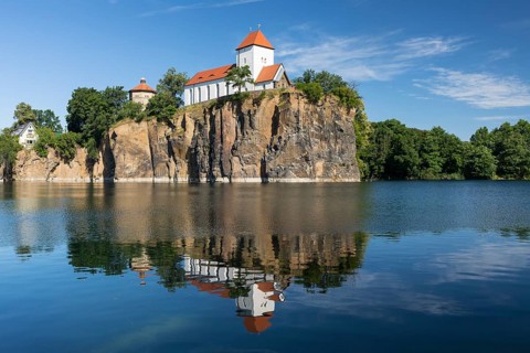 Kirchbruch lake and mountain church with water tower, Beucha, Leipzig district, Saxony, Germany,