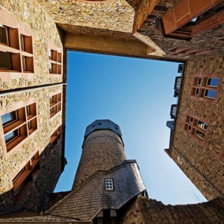 Old Castle, also known as Landgraves' Castle, view from the inner courtyard to the sky, Giessen,