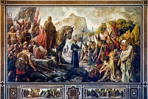 Charlemagne destroys the Irmin Column with grisailles in 772, mural by Hermann Wislicenus,