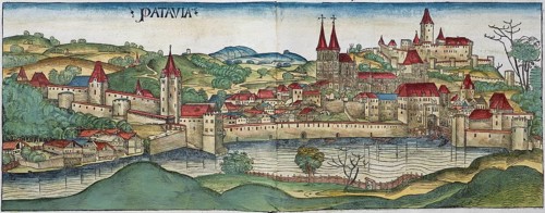 Medieval city view of Passau or Patavia, family tree, old coloured woodcut from: Schedel'sche