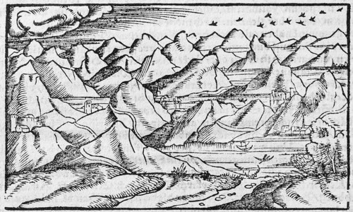Alps, Switzerland, Alpine landscape, woodcut by Sebastian Münster from the Cosmographia