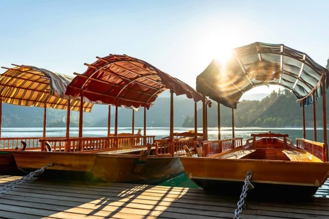 Wooden tourist boats, known as pletnas, moored at a pier on lake bled in slovenia, bathed in the