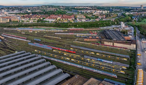 Tracks and points at Rosenstein railway sidings and parked trains. After completion of the