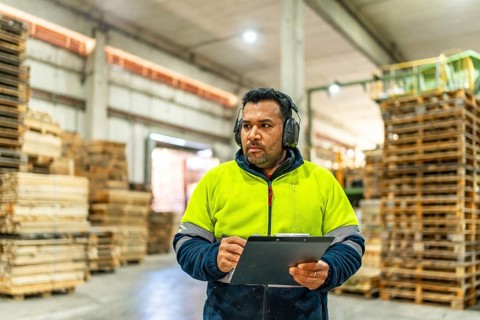 Man worker at carpentry in a recycling plant writing on clipboard gesturing paperwork