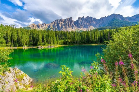 Stunning view of the emerald green water of lake carezza with the latemar mountain range in the