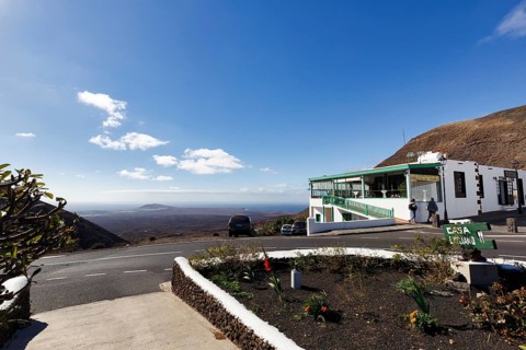 Viewpoint with Balcon de Femes restaurant, mountain village of Femes, Yaiza, Lanzarote, Spain,