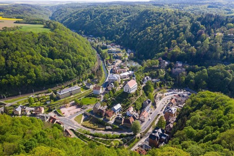 View of the town from the north with mountain church, castle ruins and buildings of the TU Dresden