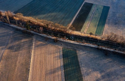 Drone image, autumn, agricultural landscape fields with regulated river, Prutz, Kaunertal, Inntal,