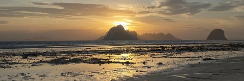 Structures in the sand, sunrise at low tide on the beach of Koh Ngai Island, Andaman Sea, Satun