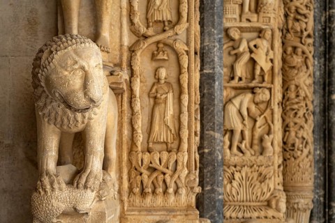 Lion at Radovan's portal of the Cathedral of St Lawrence in Trogir, Croatia, Europe