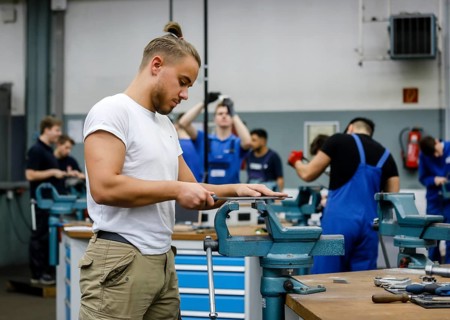 Remscheid, North Rhine-Westphalia, Germany - Trainees in the metalworking trades here during basic