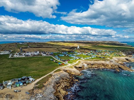 Portland Bird Observatory from a drone, Bill Lighthouse, Portland Bill, Isle of Portland, Dorset,