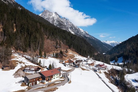 Drone image, view of the village with parish church, Hinterhornbach, Hornbachtal, Reutte district,