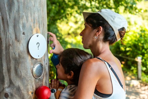 Mother and son touching a tree in a sensory park to enjoy nature and the senses, Black Forest,